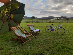 two chairs and a bike in a field with an umbrella at Vivienda uso turistico Los Nogales in Foz