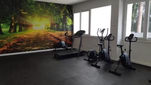uma sala de fitness com uma pintura de uma floresta em apartamento Xeresa del monte Resort em Jeresa