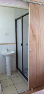 baño con lavabo y puerta de ducha acristalada en Domos y habitación independiente Eva-Ray, en Panguipulli