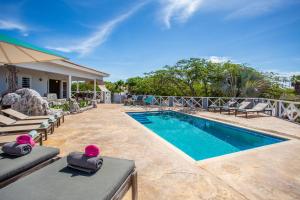 a swimming pool with chaise lounges next to a house at Villa Caiquetio in Jan Thiel