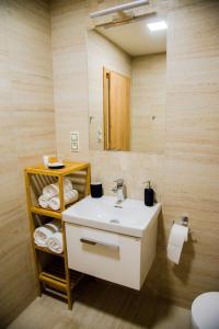y baño con lavabo, espejo y toallas. en Apartmán PMR, en Horní Maršov