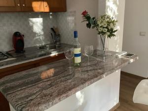 un bancone della cucina con 2 bicchieri e una bottiglia di vino di Living Downtown Codice IUN Q4645 a Cagliari