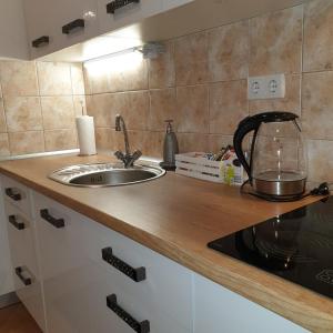 a kitchen counter with a sink and a stove at Paradise Apartman in Miskolc
