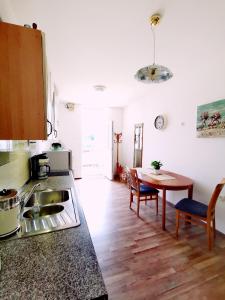 eine Küche mit einem Waschbecken und einem Tisch in der Unterkunft Apartma MB-Center in Maribor