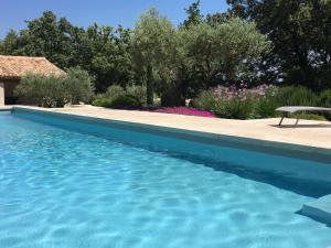 EyraguesにあるModern holiday cottage with swimming pool and close to beautiful Saint Remy de Provenceの青いスイミングプール(中庭のベンチ付)