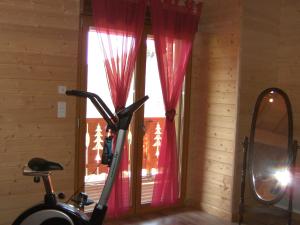 ヴォントロンにあるMagnificent wooden chalet with saunaのトレッドミルと赤いカーテン付きの窓が備わる客室です。