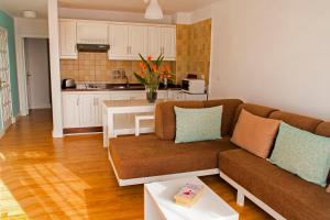a living room with a couch and a kitchen at Apartamentos San Marcial in Puerto del Carmen