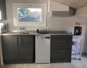 a kitchen with a sink and a white dishwasher at Apartaments els Pins - Sant Hilari Sacalm in Sant Hilari Sacalm +3 photos