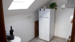 a small kitchen with a white refrigerator and a window at Campo Allegre Duplex Ferienwohnung in Windeck