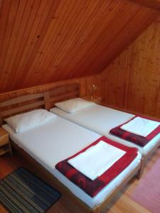 two beds in a room with a wooden ceiling at Apartments Nino in Jasenak