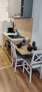 a kitchen with a table and chairs in a kitchen at Marius Studio in Braşov