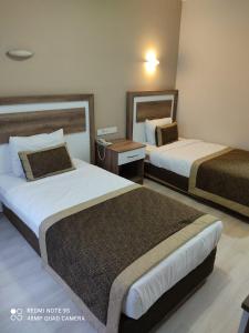 イスタンブールにあるDempa Hotelのベッド2台と鏡が備わるホテルルームです。