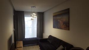uma sala de estar com um sofá e uma janela em Apartament Skarbowa 2 em Leszno