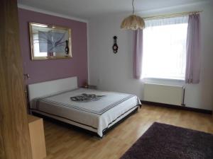 1 dormitorio con cama, espejo y ventana en Ferien-bei-Seifert en Dresden