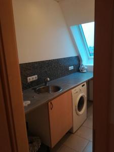 een badkamer met een wastafel en een wasmachine bij Ferie Apartment Skovby Fyn in Bogense