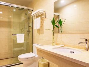 a bathroom with a toilet and a sink and a shower at GreenTree Inn JiangSu Wuxi Jiangyin Huashi Avenue Huaxi Village Business Hotel in Jiangyin