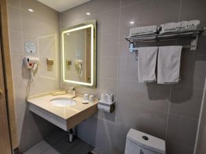 a bathroom with a sink and a mirror and a toilet at GreenTree Inn Bozhou Chunyu Motor City Express Hotel in Bozhou