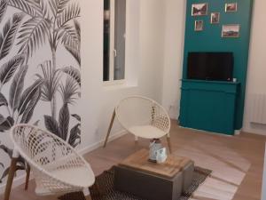 - un salon avec deux chaises et une télévision dans l'établissement Tropical loft, au Puy-en-Velay
