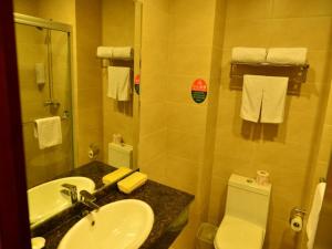 a bathroom with a sink and a toilet and a mirror at GreenTree Inn Shanghai Jiading Dazhong International Auto City Business Hotel in Jiading