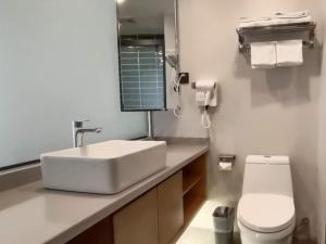 een badkamer met een witte wastafel en een toilet bij GreenTree Inn Shangqiu Zhecheng Shanghai Road in Shangqiu