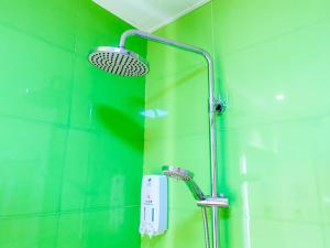 La salle de bains est pourvue d'une douche et d'un mur vert. dans l'établissement GreenTree Inn Huzhou Zhili Fortune Plaza Wuxing Avenue Express Hotel, à Huzhou