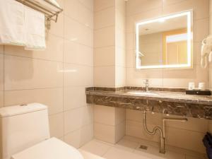 a bathroom with a toilet and a sink and a mirror at GreenTree Inn Hefei Binhu District Hangzhou Road Expressway Times Square Business Hotel in Hefei