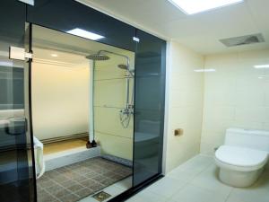 a bathroom with a glass shower and a toilet at GreenTree Inn Liao Cheng Shen Country Bus Station Business Hotel in Liaocheng