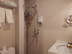 La salle de bains est pourvue d'une douche, de toilettes et d'un lavabo. dans l'établissement GreenTree Inn Chengde Fengning Manchu Autonomous County Ningfeng Road Express Hotel, à Fengning