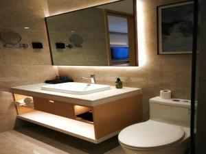 a bathroom with a sink and a toilet and a mirror at GreenTree Inn Hebei Langfang Development Zone Convention and Exhibition Centre Business Hotel in Langfang