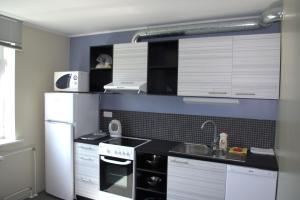 a kitchen with a white refrigerator and a sink at Hiiumaa Ametikooli Accommodation in Suuremõisa