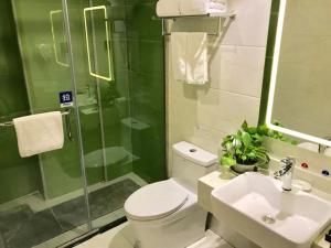 a bathroom with a toilet and a sink and a shower at GreenTree Inn Xianning Tongcheng Bus Station Business Hotel in Tongcheng