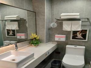 a bathroom with a sink and a toilet and a mirror at GreenTree Alliance Xinyang Pingqiao District Nanjing Road Dongyang Hotel in Xinyang