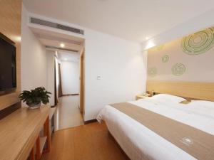 a bedroom with a large bed and a television at GreenTree Inn Hefei Lujiang County Yihu West Road Chengxi No.4 Middle School Express Hotel in Lujiang