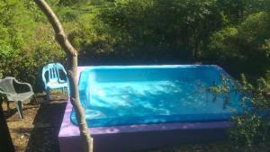 a blue swimming pool with a chair and a tree at Cabaña de montaña in Cosquín