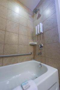 a bathroom with a bath tub and a toilet at Bayview Hotel in Courtenay