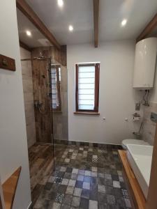 a bathroom with a shower and a toilet and a sink at Stare Zabrodzie in Solina