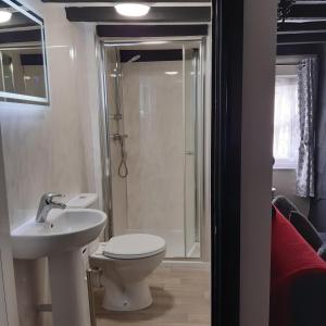 a bathroom with a toilet and a sink and a shower at The Saracens Head Old Lounge in Skegness