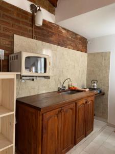 eine Küche mit Spüle und Mikrowelle in der Unterkunft Cabañas Bosques del Centro in Mina Clavero
