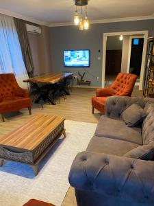 a living room with couches and a table and a tv at Bahçe'de Villa in Sapanca