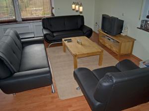 ゲロルシュタインにあるCharming Apartment in Gerolstein Germany with Large Verandahのリビングルーム(黒革の家具、テレビ付)
