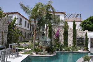 a courtyard with a swimming pool and palm trees at Alaçatı Ala Hotel - Special Category in Alaçatı