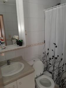 y baño con aseo, lavamanos y cortina de ducha. en Condominio Reino de Italia, Serena, en La Serena
