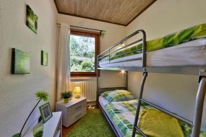 クラウスタール・ツェラーフェルトにあるWaldsee-Ferienhaus-mit-Kamin-W-Lanの二段ベッド2台、窓が備わる小さな客室です。