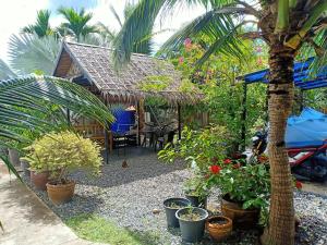 un jardín con plantas y una casa con una palmera en Coconoi Residence en Nai Harn Beach