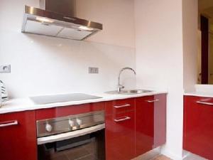 バルセロナにあるサニー アパートメンツ バルセロナのキッチン(赤いキャビネット、ステンレス製のシンク付)