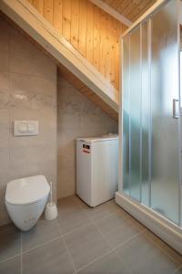 een badkamer met een toilet en een glazen douche bij Apartments Bepi Komiza in Komiža