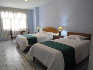 Las Orquídeas Hotel 3 estrellas في شاشابوياس: غرفة فندقية بسريرين ونافذة