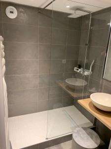 La salle de bains est pourvue d'une douche en verre et d'un lavabo. dans l'établissement Le Thiou Paradise Annecy, à Annecy