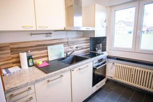 uma cozinha com um lavatório e um fogão forno superior em Schöne 3-Zimmerwohnung mit WLAN em Büsingen
