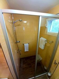 y baño con ducha y puerta de cristal. en Apartment Roby, en Dubrovnik
